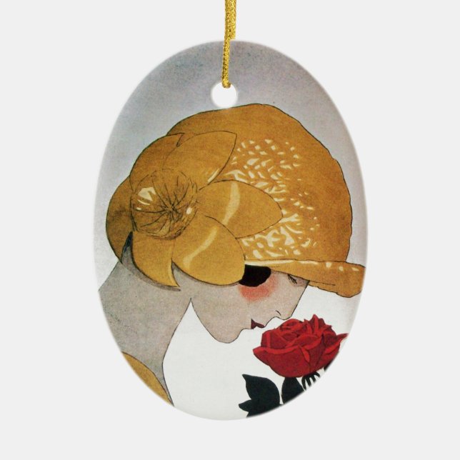 LADY WITH RED ROSE CERAMIC TREE DECORATION (Front)