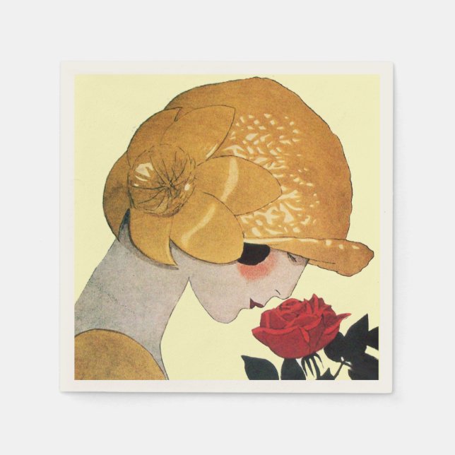 LADY WITH RED ROSE ,Cream Napkin (Front)