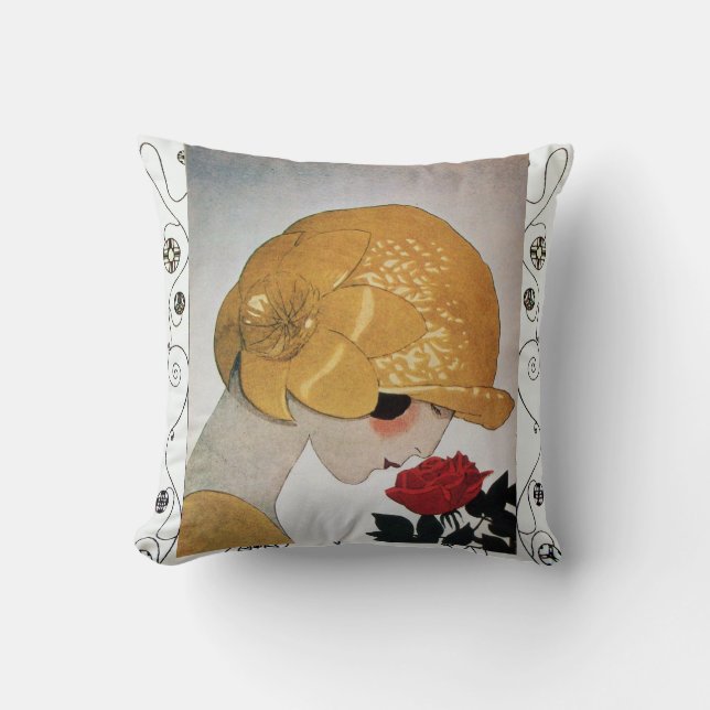 LADY WITH RED ROSE / Geometric Swirls  Cushion (Front)