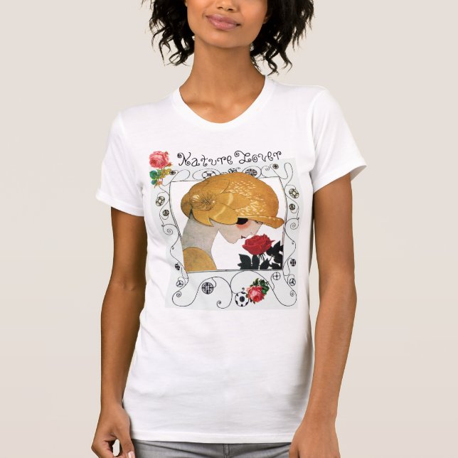 LADY WITH RED ROSE, GEOMETRIC SWIRLS NATURE LOVER T-Shirt (Front)