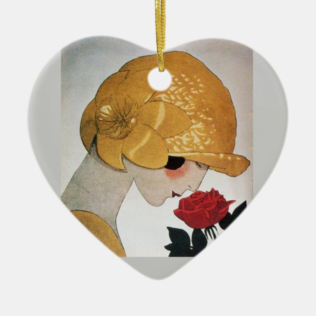 LADY WITH RED ROSE HEART CERAMIC ORNAMENT (Front)