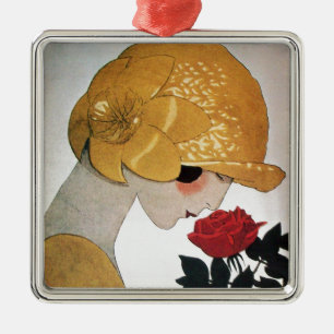 LADY WITH RED ROSE METAL ORNAMENT