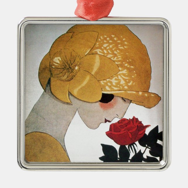 LADY WITH RED ROSE METAL ORNAMENT (Front)