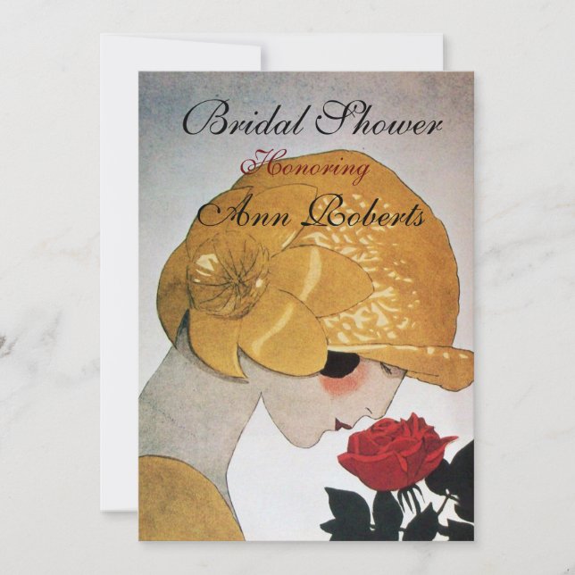 LADY WITH RED ROSE MONOGRAM BRIDAL SHOWER PARTY INVITATION (Front)