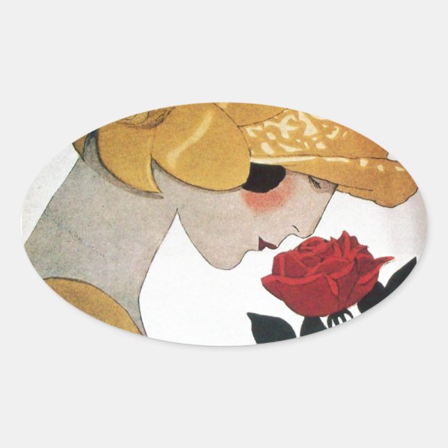 LADY WITH RED ROSE OVAL STICKER (Front)