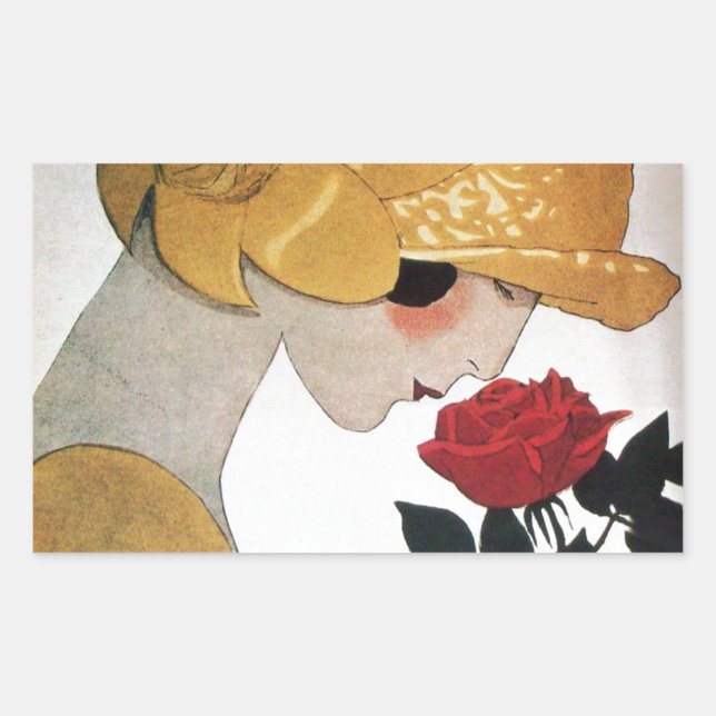 LADY WITH RED ROSE RECTANGULAR STICKER (Front)