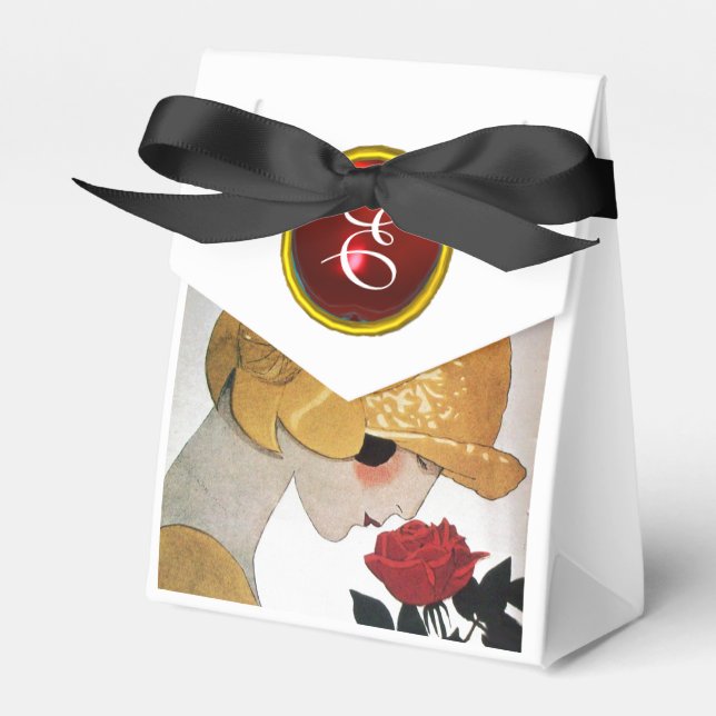 LADY WITH RED ROSE RUBY GEM STONE MONOGRAM FAVOUR BOX (Front Side)