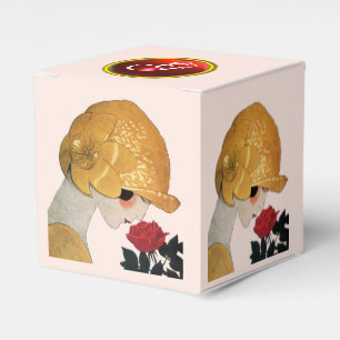 LADY WITH RED ROSE RUBY GEM STONE MONOGRAM ,Pink Favour Box