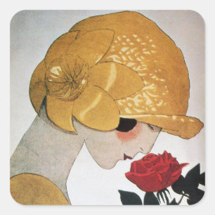 LADY WITH RED ROSE SQUARE STICKER