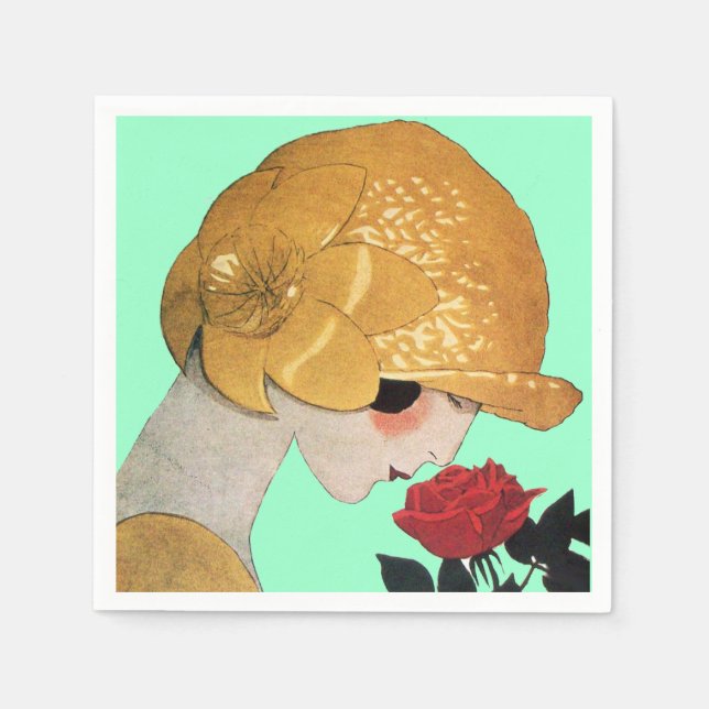 LADY WITH RED ROSE ,Teal Turquoise Napkin (Front)