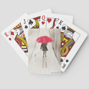 Lady with red umbrella art print playing cards