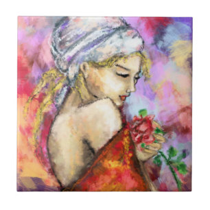 Lady with Rose - Abstract Woman Original Painting Ceramic Tile
