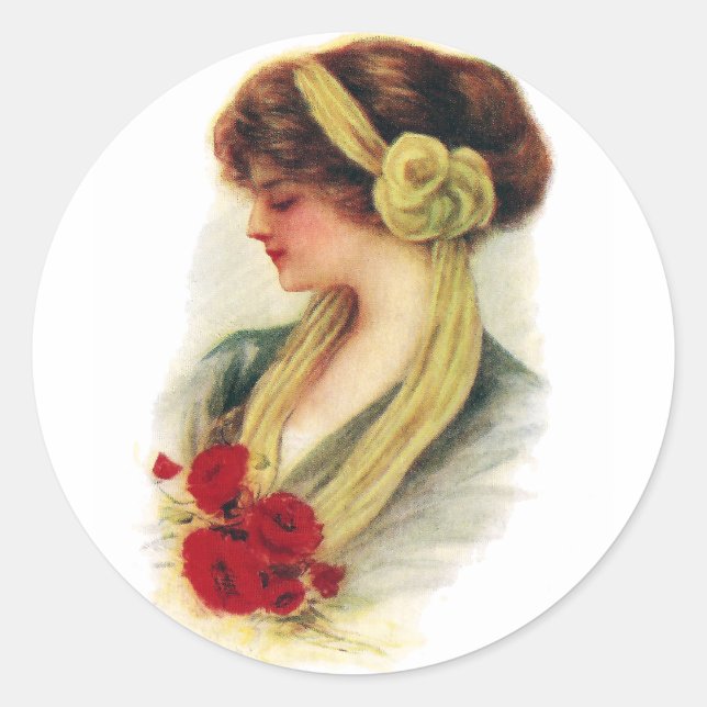Lady with Roses Classic Round Sticker (Front)
