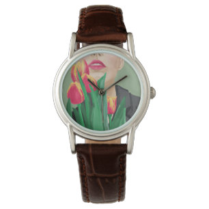 Lady With Tulip Green & Orange Modern Graphic Watch