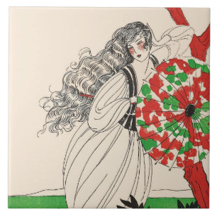 LADY WITH UMBRELLA Art Deco Beauty Fashion Hair Ceramic Tile