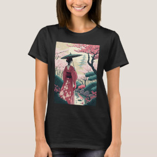 Lady with Umbrella cherry Blossom Garden Japanese T-Shirt