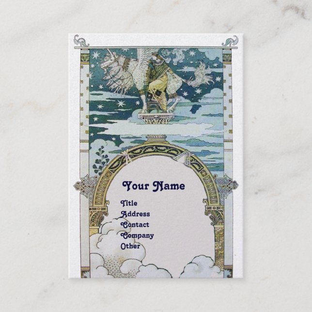 LADY WITH UNICORN ,blue gold metallic paper Business Card (Front)