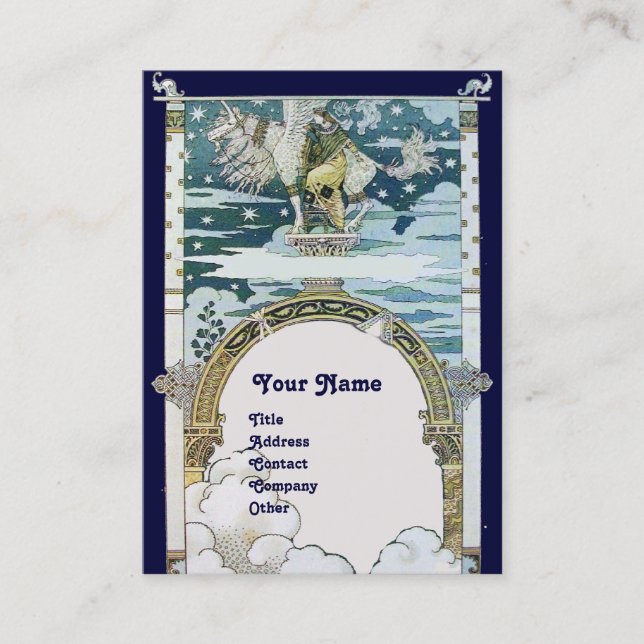 LADY WITH UNICORN ,blue white platinum metallic Business Card (Front)