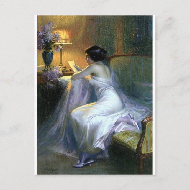 lady woman reading letter antique painting art postcard (Front)