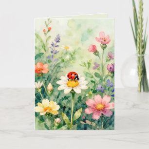 Ladybird Ladybug In a garden of Flowers Card