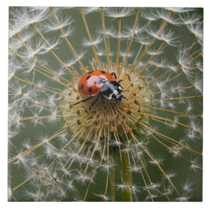 Ladybird on dandelion clock. Macro photography Ceramic Tile