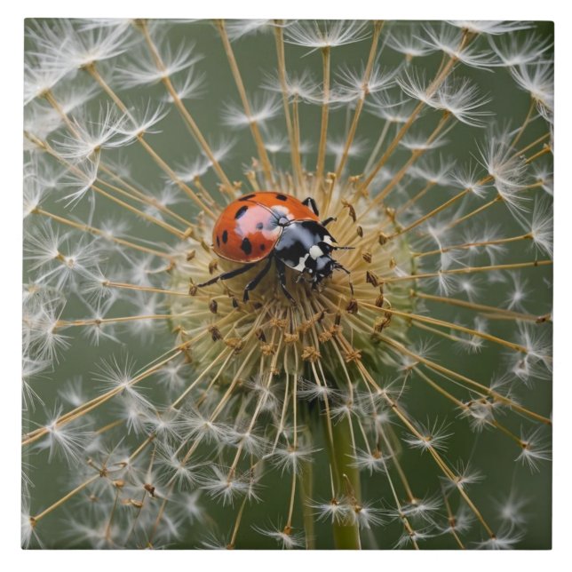 Ladybird on dandelion clock. Macro photography  Ceramic Tile (Front)