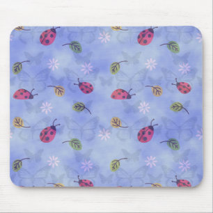 Ladybirds and Autumn Leaves Blue Mouse Pad