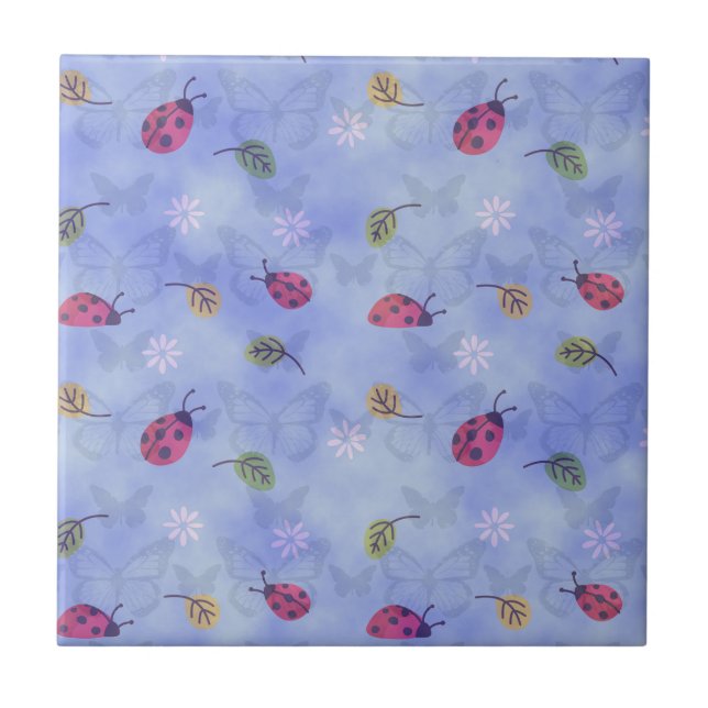 Ladybirds and Falling Leaves Blue Pattern Ceramic Tile (Front)