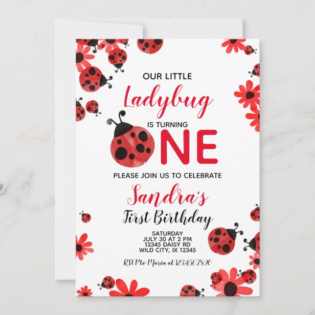 Ladybug 1st Baby Girl Birthday Invitation (Front)