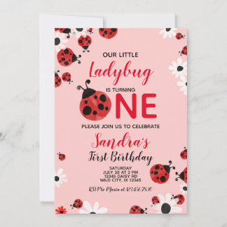 Ladybug 1st Baby Girl Birthday Invitation