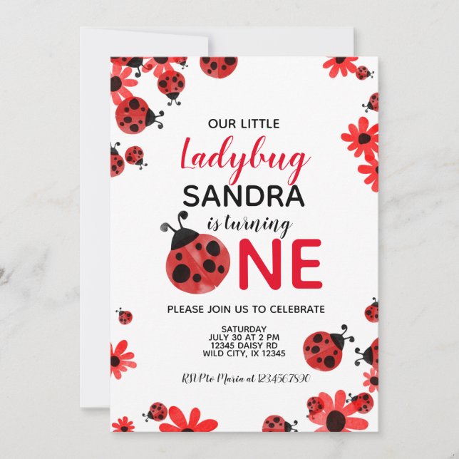 Ladybug 1st Baby Girl Birthday Invitation (Front)
