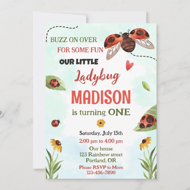 Ladybug 1st birthday invitation Girl love bug lady (Front)
