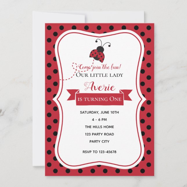 Ladybug 1st Birthday Invitations (Red Black) (Front)