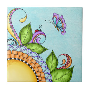 Ladybug and Butterfly Doodle Flower Ceramic Tile