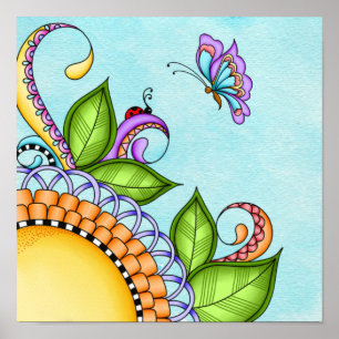 Ladybug and Butterfly Doodle Flower Poster