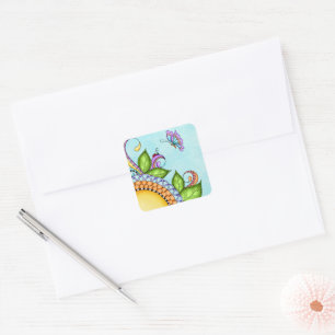 Ladybug and Butterfly Doodle Flower Square Sticker