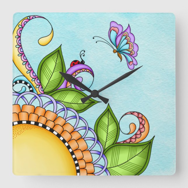 Ladybug and Butterfly Doodle Flower Square Wall Clock (Front)