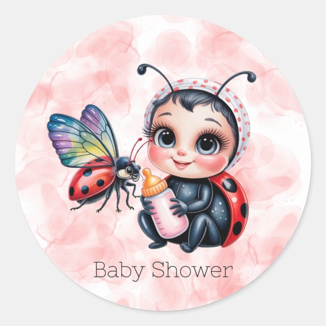 Ladybug and Butterfly Girl Baby Shower Classic Round Sticker (Front)