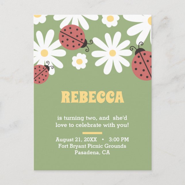 Ladybug and daisies floral feminine birthday  invitation postcard (Front)