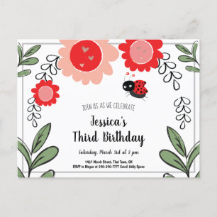 Ladybug and Flowers Kids Birthday Party Invitation