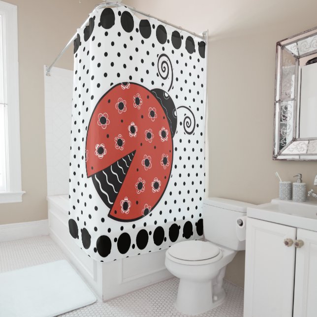 Ladybug and polka dot shower curtain (In Situ)