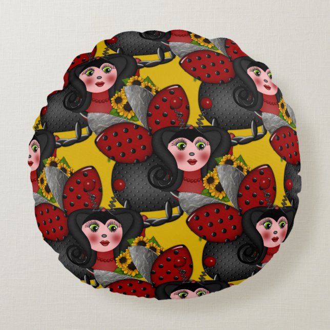 Ladybug and Sunflowers-Diagonal-Yellow-1- Round Cushion (Front)