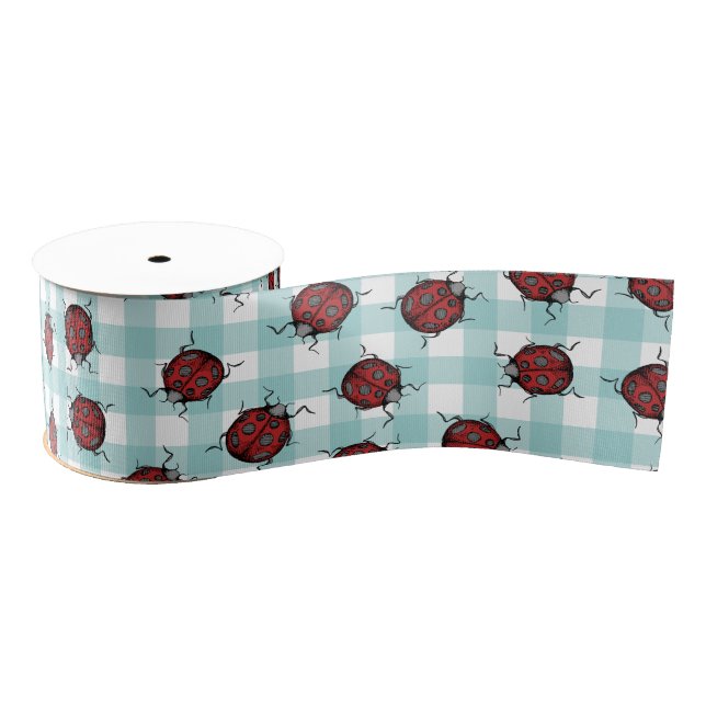 Ladybug and Turquoise Gingham Nature Pattern Grosgrain Ribbon (Spool)