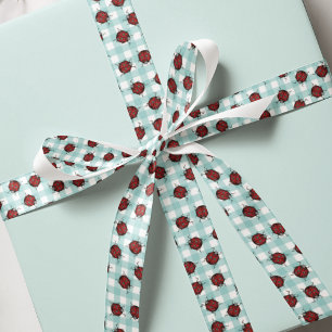 Ladybug and Turquoise Gingham Nature Pattern Satin Ribbon