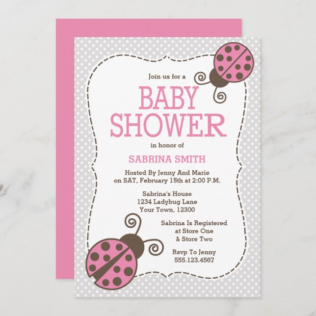 Ladybug Baby Shower Pink and Grey Invitation (Front/Back)