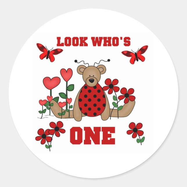 Ladybug Bear First Birthday Classic Round Sticker (Front)