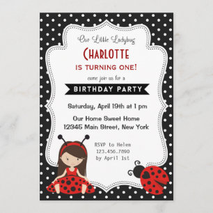 Ladybug Birthday Invitation Black Red Polka Dots
