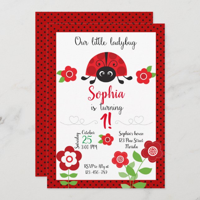 Ladybug Birthday Invitation, Ladybug Invitation (Front/Back)