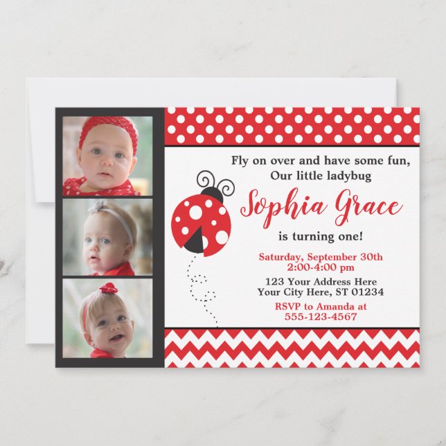 Ladybug Birthday Invitation with Photos (Front)