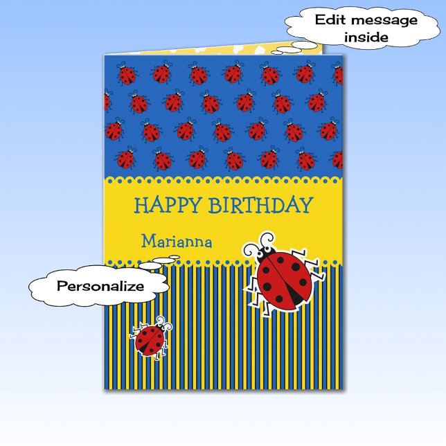 Ladybug blue yellow add name birthday card (Creator Uploaded)